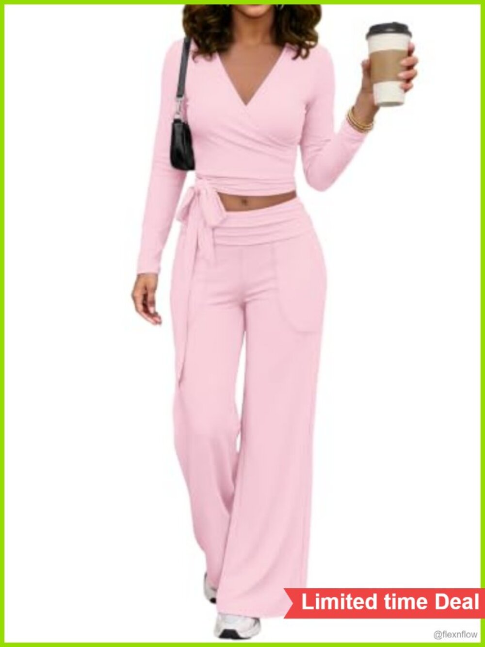 2 Piece Workout Set Long Sleeve Crop Top Wide Leg Leggings Yoga Gym Activewear